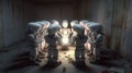 Service Robots Huddle In Creepy Concrete Room