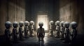 Service Robots Huddle Together In Creepy Concrete Room