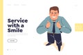 Service with smile concept of landing page with happy businessman looking up and showing thumb up Royalty Free Stock Photo