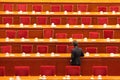 Service staff clearing tables after China's parliament session