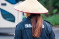 Service staff in the park of an extinct volcano Rock Hill Volcanoe Haikou. Chinese woman in uniform rangers