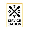 Service Station Banner with Instruments. Car Repair Poster, Tire Mounting. Auto Mechanic Center with Vehicle Parts