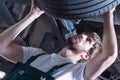 Service station worker checking tire