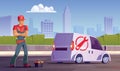 Service technician ready for intervention.Service vehicle and the city in the background Royalty Free Stock Photo