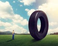 Service worker holds pile of tires over head