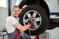 Serviceman in car workshop