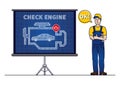 Serviceman with check engine chart board vector illustration