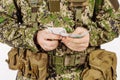 Serviceman with russian ruble money his hand.