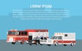 Services cars vector icons. Ambulance, police, fire truck, illustration with place for text