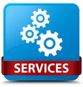 Services (gears icon) cyan blue square button red ribbon in middle Royalty Free Stock Photo