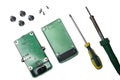 Services for the production of electronics and repair on a white background. Electronic board components and soldering iron Royalty Free Stock Photo