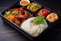 Serving of Asian delivery food with chicken, rice and vegetables. Generative AI Royalty Free Stock Photo