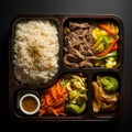 Serving of Asian delivery food with chicken, rice and vegetables. Generative AI Royalty Free Stock Photo