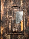 Serving background. Old kitchen tools cutting Board. Royalty Free Stock Photo