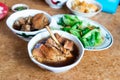 Serving of bak kut teh with vegetable, popular meal in Klang, Malaysia