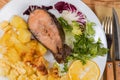 Serving of baked rainbow trout with potato, fragment close-up