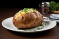 Serving baked whole potato on white plate. Generate ai
