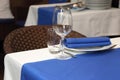 Serving banquet table in a restaurant in blue and white style