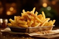 Serving basket filled with golden and perfectly crispy French fries. The lighting is warm and inviting, highlighting the texture