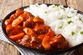 Serving of beef stew with apples in tomato sauce with rice side dish close-up on a plate. horizontal Royalty Free Stock Photo