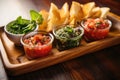 serving bruschetta with assorted dips Royalty Free Stock Photo