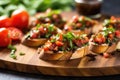 serving bruschetta on wooden board lined with parchment paper