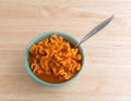 Serving of canned pasta lasagna in bowl with fork