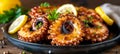 Serving of char grilled octopus on elegant black platter classic mediterranean delicacy