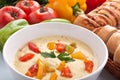 Serving of cheese and vegetable cream soup