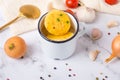 serving of cheese and vegetable cream soup Royalty Free Stock Photo