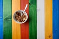 Serving of chocolate ice cream with banan pieces Royalty Free Stock Photo