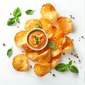 Serving of crispy golden potato chips, seasoned with fresh basil and peppercorns, accompanied with rose sauce. Generative AIp