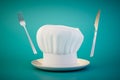 serving a dish from the chef. a plate with a chef's hat around which is a fork and a knife. 3D render