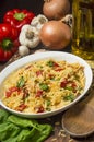 Serving dish with orzo and roasted red peppers Royalty Free Stock Photo