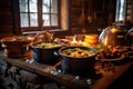 serving dutch oven stew in a cozy cabin