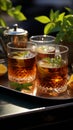 Serving elegance Black tea in glasses, arranged meticulously on a stylish tray