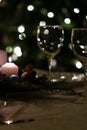Serving the festive table. Food and drinks, plates and glasses. Evening lights and candles. Christmas dinner on Christmas Eve and Royalty Free Stock Photo