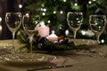 Serving the festive table. Food and drinks, plates and glasses. Evening lights and candles. Christmas dinner on Christmas Eve and Royalty Free Stock Photo