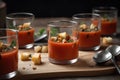 serving of gazpacho, garnished with croutons and olive oil drizzle