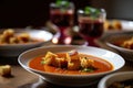 serving of gazpacho, garnished with croutons and olive oil drizzle