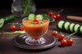 serving of gazpacho, garnished with cucumber and cherry tomatoes