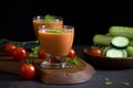 serving of gazpacho, garnished with cucumber and cherry tomatoes