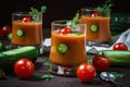serving of gazpacho, garnished with cucumber and cherry tomatoes