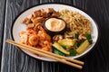 Serving hibachi of rice, shrimp, steak and vegetables served with sauce closeup in a plate. horizontal Royalty Free Stock Photo