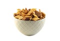 A Serving of Homemade Cereal Nut and Prezel Trail Mix Isolated on a White Background Royalty Free Stock Photo