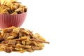 A Serving of Homemade Cereal Nut and Prezel Trail Mix Isolated on a White Background Royalty Free Stock Photo