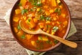 Serving of homemade sweet potato with lentil soup close-up in a bowl. Horizontal top view Royalty Free Stock Photo