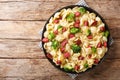 Serving of orecchiette pasta with broccoli and fried Italian sausages close-up in a plate. Horizontal top view Royalty Free Stock Photo