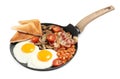 Serving pan with fried eggs, mushrooms, beans, bacon, tomatoes and toasted bread isolated on white. Traditional English breakfast Royalty Free Stock Photo