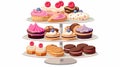 A serving plate with cookies. A 3-layer tray with sweet treats. Cupcakes, eclairs and macarons on a buffet table. Modern